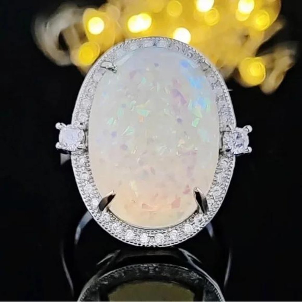 NEW 925 STERLING SILVER OPAL DIAMOND RING, BEAUTIFUL RING, SHINY RING. - Picture 2 of 5